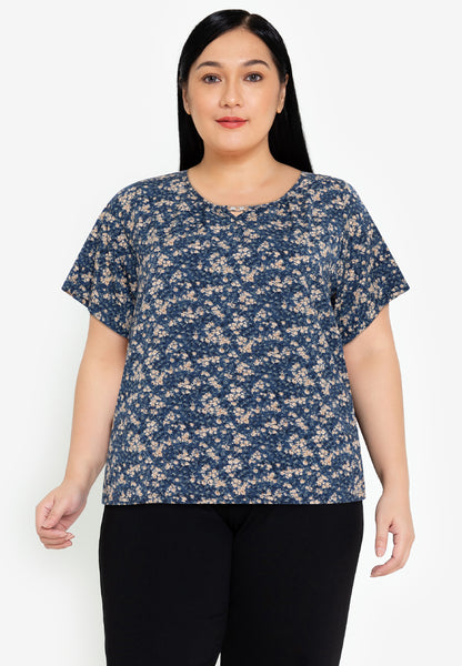 Divina Plus Size Printed V Neck Detailed Puff Sleeve Blouse Top