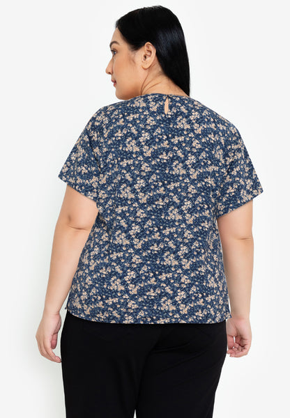 Divina Plus Size Printed V Neck Detailed Puff Sleeve Blouse Top