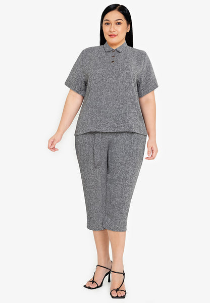 Divina Tweed Collared Top Blouse and Pants 2 Piece Set Terno