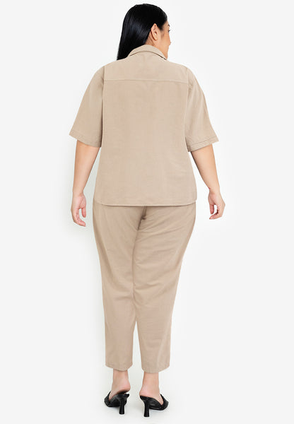 Divina Plus Size Cotton Linen Collared Top Blouse and Pants 2 Piece Set Terno