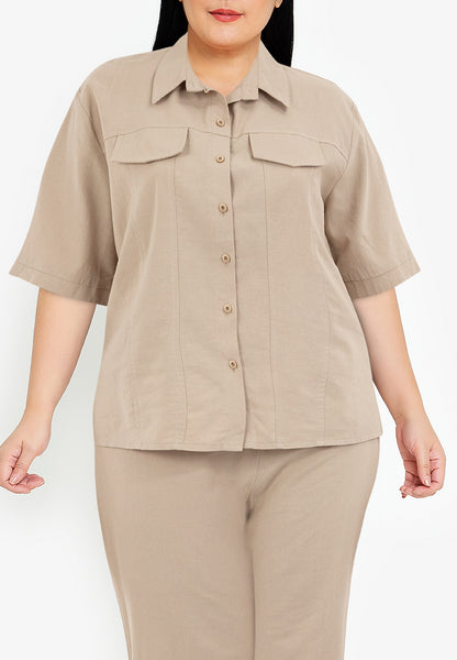 Divina Plus Size Cotton Linen Collared Top Blouse and Pants 2 Piece Set Terno