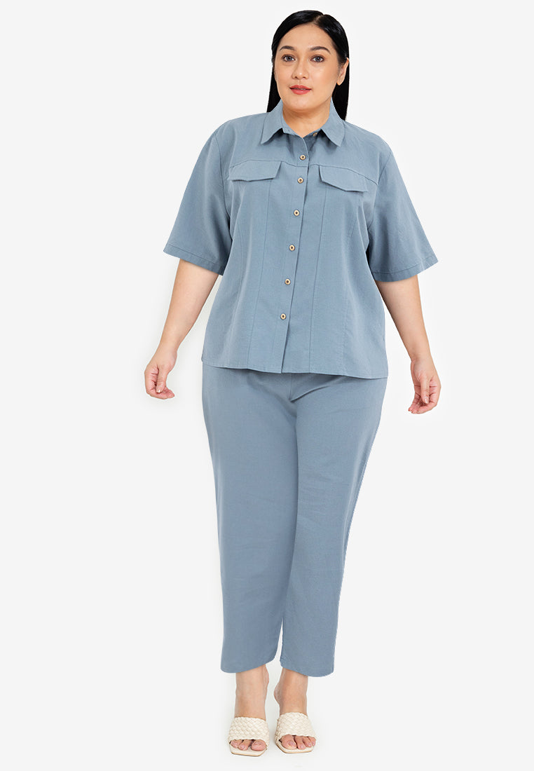 Divina Plus Size Cotton Linen Collared Top Blouse and Pants 2 Piece Set Terno