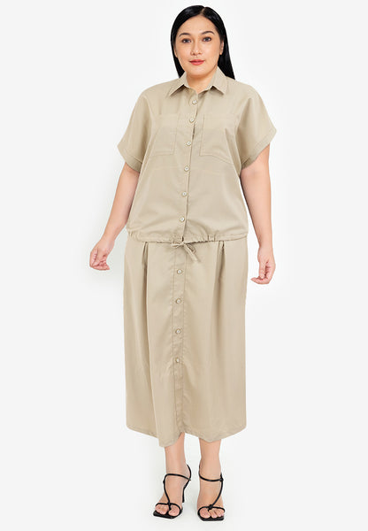 Divina Plus Size Button Down Collared Crop Shirt & Pleated Midi Skirt Terno