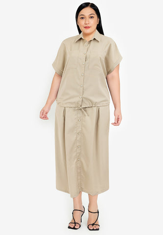 Divina Plus Size Button Down Collared Crop Shirt & Pleated Midi Skirt Terno