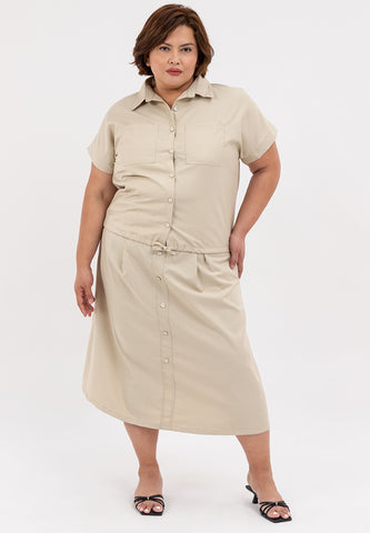 Divina Plus Size Button Down Collared Crop Shirt & Pleated Midi Skirt Terno
