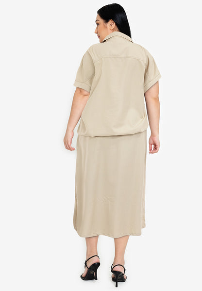 Divina Plus Size Button Down Collared Crop Shirt & Pleated Midi Skirt Terno