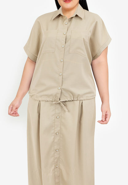 Divina Plus Size Button Down Collared Crop Shirt & Pleated Midi Skirt Terno