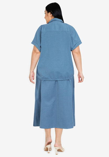 Divina Plus Size Button Down Collared Crop Shirt & Pleated Midi Skirt Terno