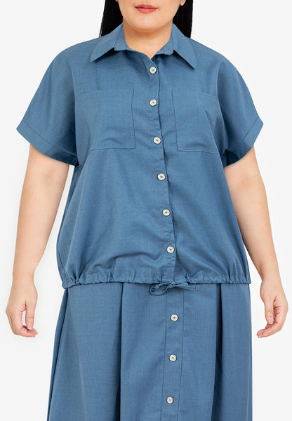 Divina Plus Size Button Down Collared Crop Shirt & Pleated Midi Skirt Terno