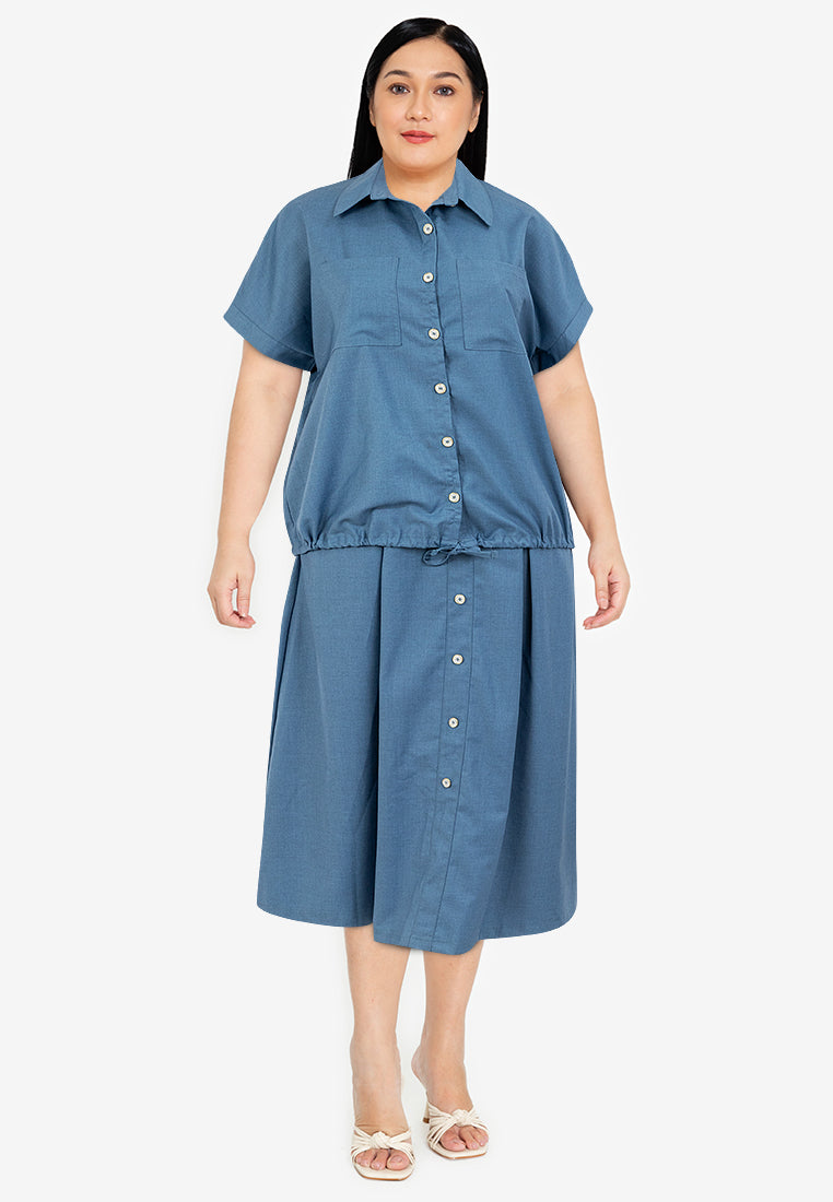 Divina Plus Size Button Down Collared Crop Shirt & Pleated Midi Skirt Terno