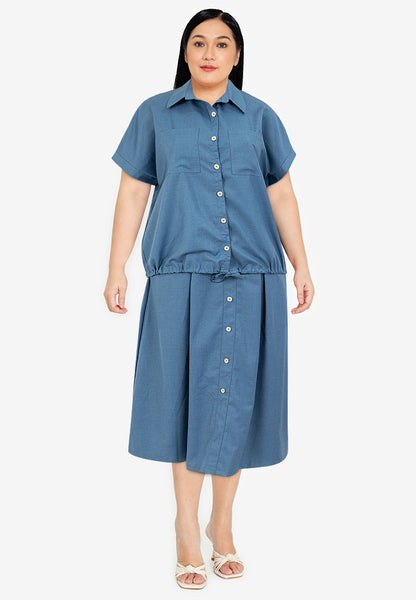 Divina Plus Size Button Down Collared Crop Shirt & Pleated Midi Skirt Terno