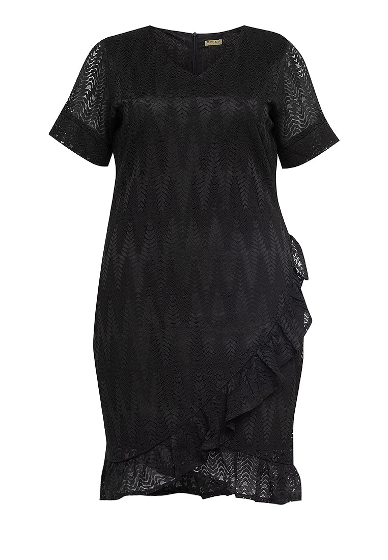 Divina Plus Size V-neck Frill Hem Lace Dress