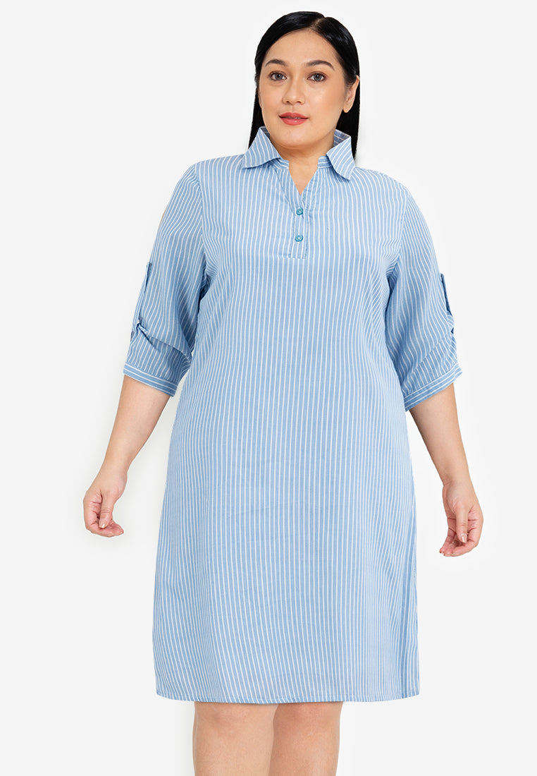 Divina Plus Size Striped Buttoned Collared Shirt Dress