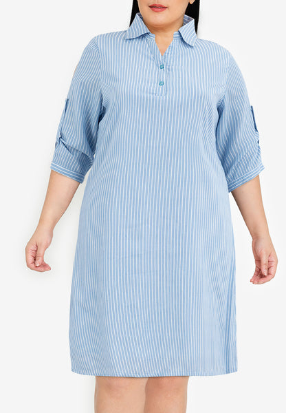 Divina Plus Size Striped Buttoned Collared Shirt Dress