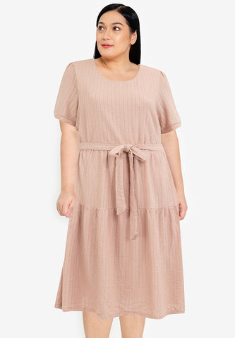 Divina Plus Size Back Zipper Waffle Tiered Tie Waist Dress