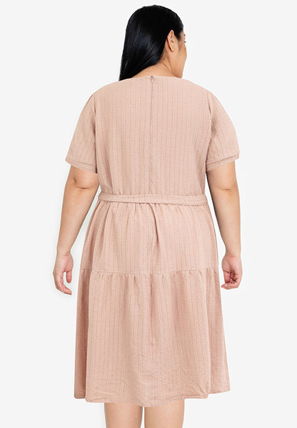 Divina Plus Size Back Zipper Waffle Tiered Tie Waist Dress