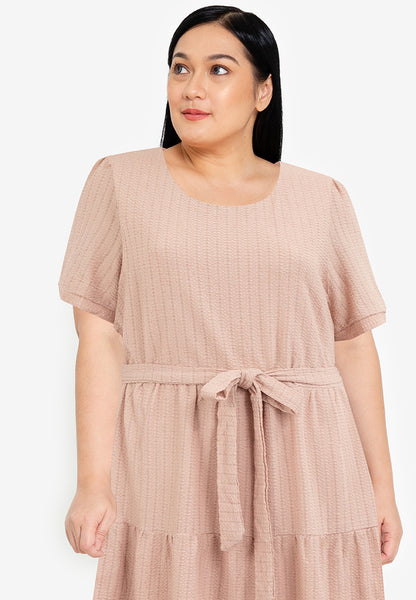 Divina Plus Size Back Zipper Waffle Tiered Tie Waist Dress