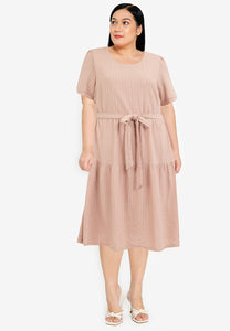 Divina Plus Size Back Zipper Waffle Tiered Tie Waist Dress