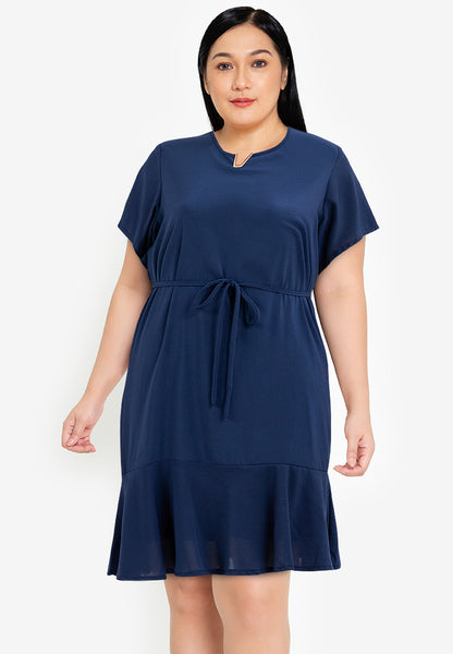 Divina Plus Size V Detail Flounce Hem Shift Dress Korean Style