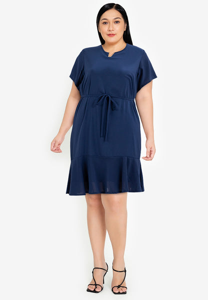 Divina Plus Size V Detail Flounce Hem Shift Dress Korean Style