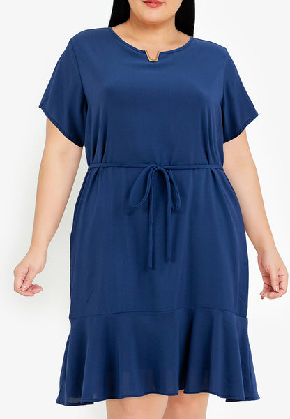 Divina Plus Size V Detail Flounce Hem Shift Dress Korean Style