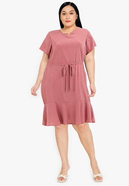 Divina Plus Size V Detail Flounce Hem Shift Dress Korean Style