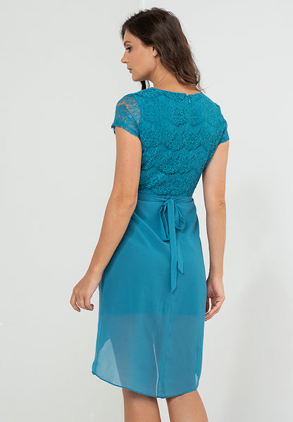 Lace Dress with Overlap Skirt & Crystal Belt