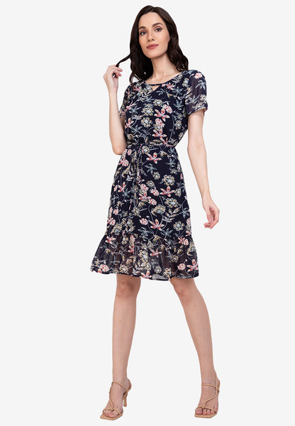 Krizia Printed Neck Pleated Shift Frill Hem Dress With Detachable Tie Waist