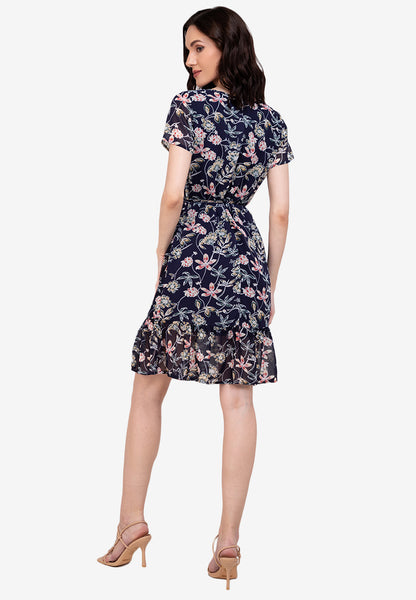 Krizia Printed Neck Pleated Shift Frill Hem Dress With Detachable Tie Waist