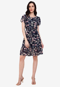 Krizia Printed Neck Pleated Shift Frill Hem Dress With Detachable Tie Waist