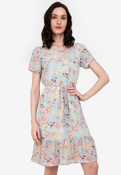 Krizia Printed Neck Pleated Shift Frill Hem Dress With Detachable Tie Waist