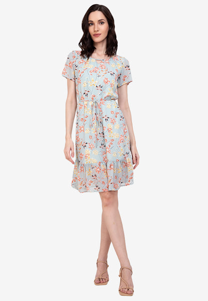 Krizia Printed Neck Pleated Shift Frill Hem Dress With Detachable Tie Waist