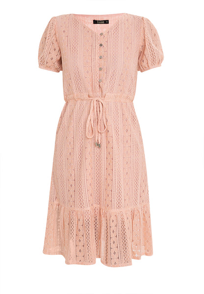 Krizia Puff Sleeve Flounce Hem Drawstring Lace Midi Dress