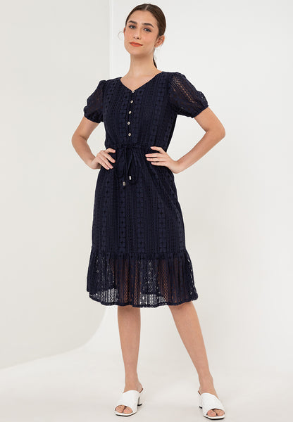 Krizia Puff Sleeve Flounce Hem Drawstring Lace Midi Dress