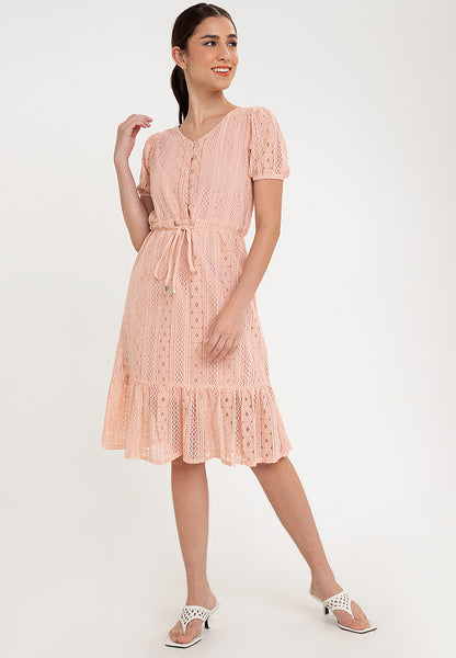 Krizia Puff Sleeve Flounce Hem Drawstring Lace Midi Dress