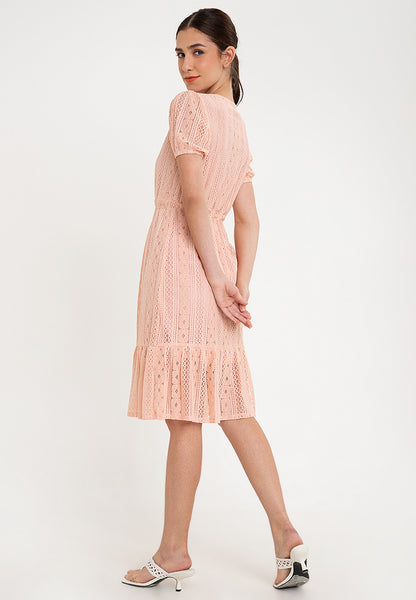 Krizia Puff Sleeve Flounce Hem Drawstring Lace Midi Dress