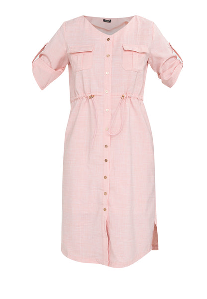 Krizia Cotton Blend Button Down Roll Tab Adjustable Waist Midi Dress