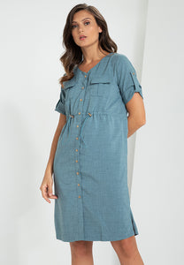 Krizia Cotton Blend Button Down Roll Tab Adjustable Waist Midi Dress