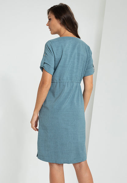 Krizia Cotton Blend Button Down Roll Tab Adjustable Waist Midi Dress