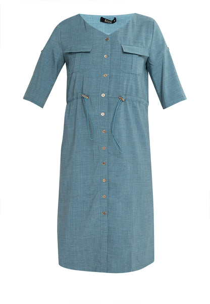 Krizia Cotton Blend Button Down Roll Tab Adjustable Waist Midi Dress