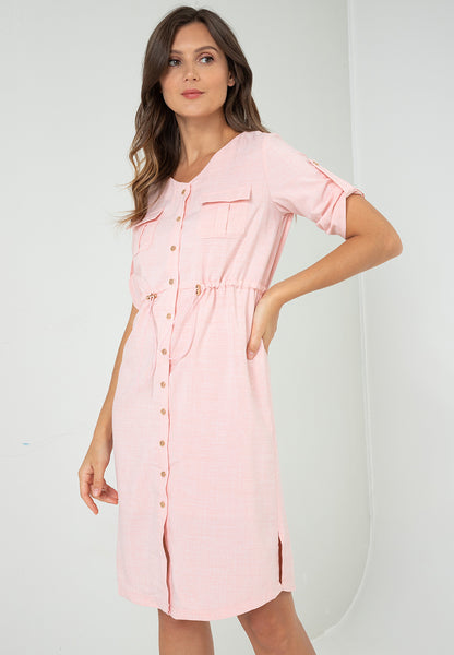 Krizia Cotton Blend Button Down Roll Tab Adjustable Waist Midi Dress