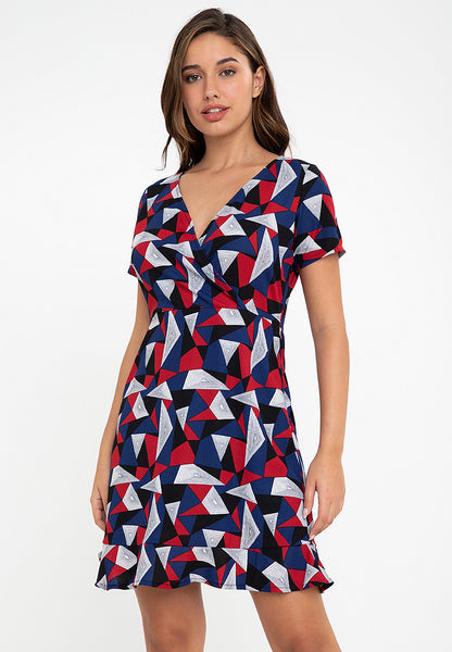 Krizia Printed Wrap Top Flounce Hem Stretch Dress