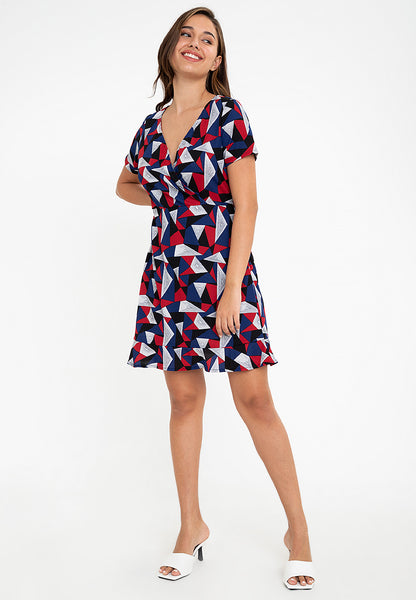 Krizia Printed Wrap Top Flounce Hem Stretch Dress