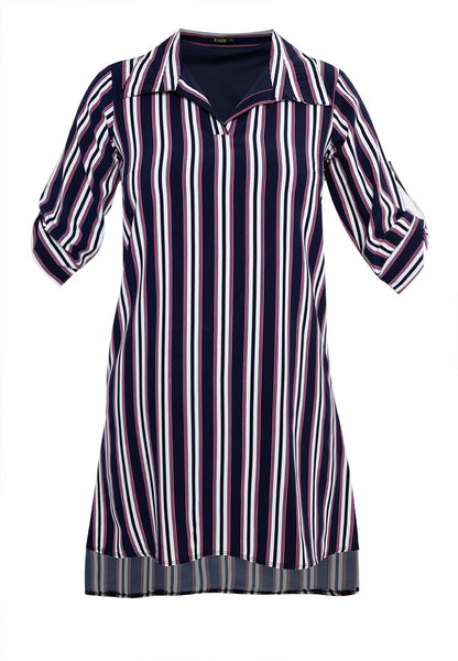 Krizia Stripe Roll Tab Sleeve Collared Dress