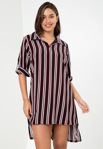 Krizia Stripe Roll Tab Sleeve Collared Dress