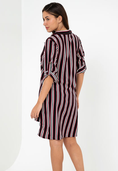 Krizia Stripe Roll Tab Sleeve Collared Dress