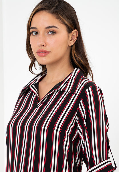 Krizia Stripe Roll Tab Sleeve Collared Dress