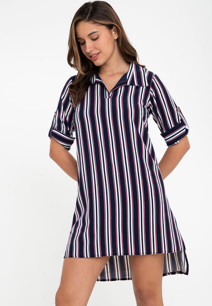 Krizia Stripe Roll Tab Sleeve Collared Dress