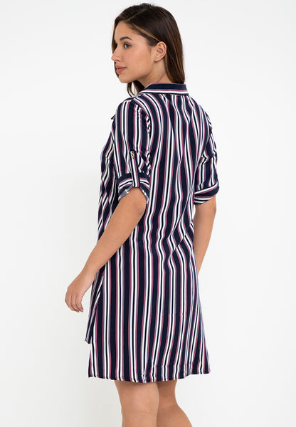 Krizia Stripe Roll Tab Sleeve Collared Dress