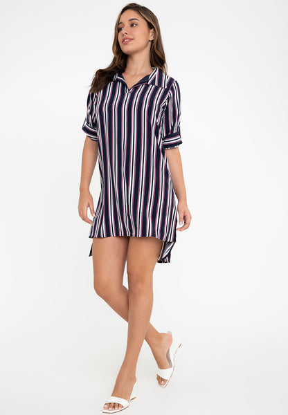 Krizia Stripe Roll Tab Sleeve Collared Dress